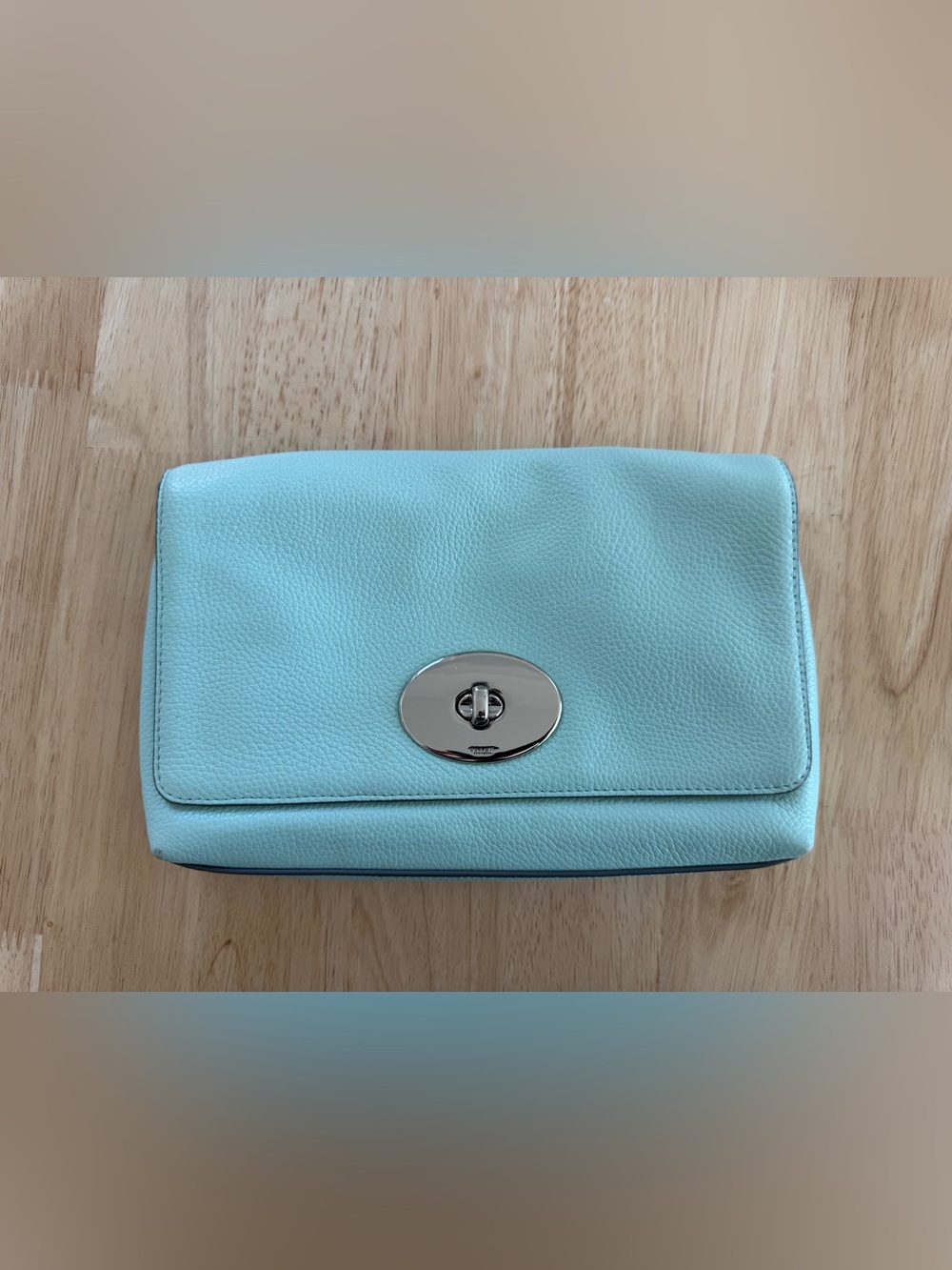 Coach Pebbled Leather Clutch in Aqua Blue with Silver Hardware